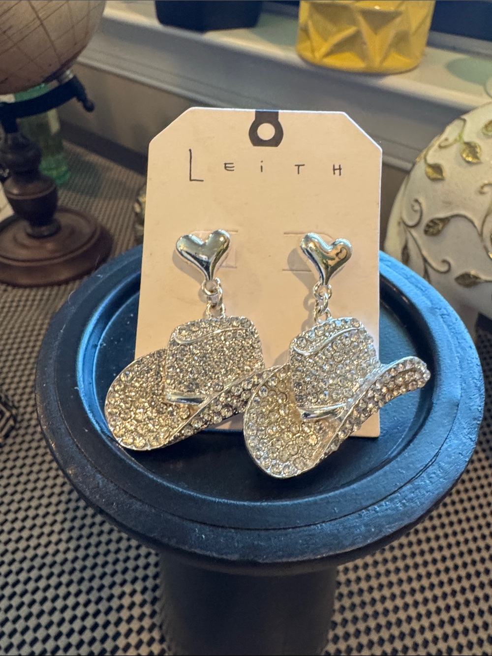 Leith Silver Crystal Cowboy Hat Drop Earrings for pierced ears. NWT